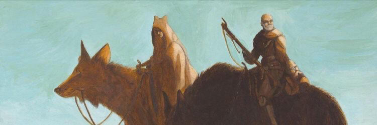 drawing by dave filoni of ahsoka tano and rex riding large wolves, pale turquoise sky, orange/brown characters.